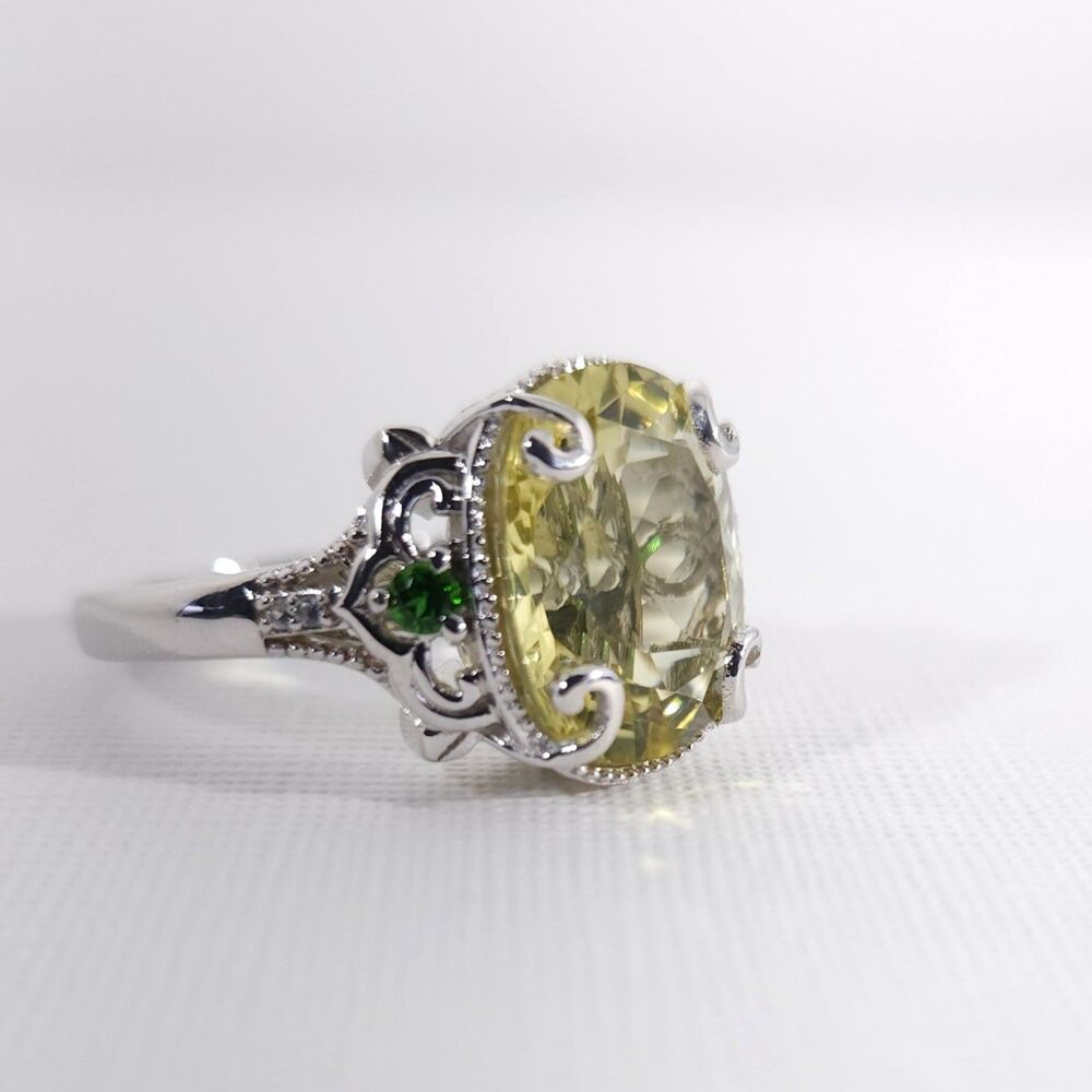 Yellow Quartz 13 Carats Ring with Chrome Diopside Size 9 - Picture 4 of 14
